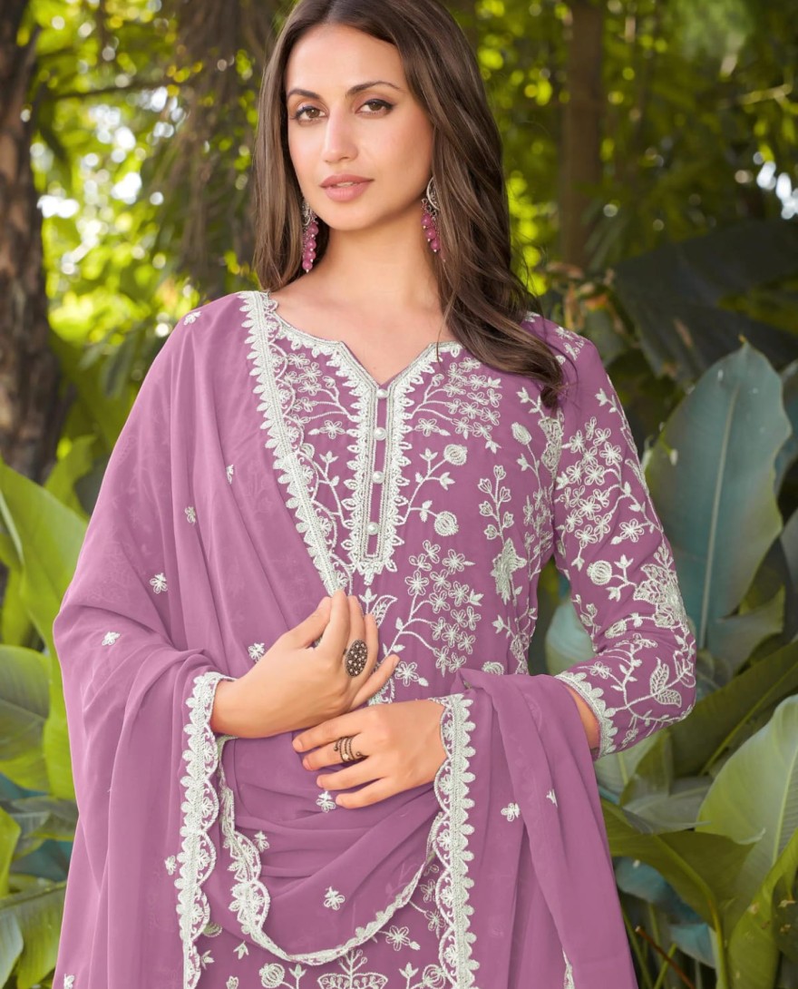 PURPLE - Pretty Pink Bead Embroidered Georgette Wedding Wear Palazzo Suit